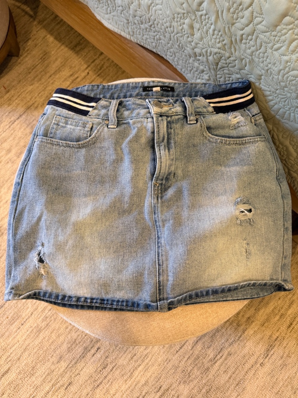 Kendall & Kylie Light Blue Distressed Denim Mini Skirt with Navy-White Band